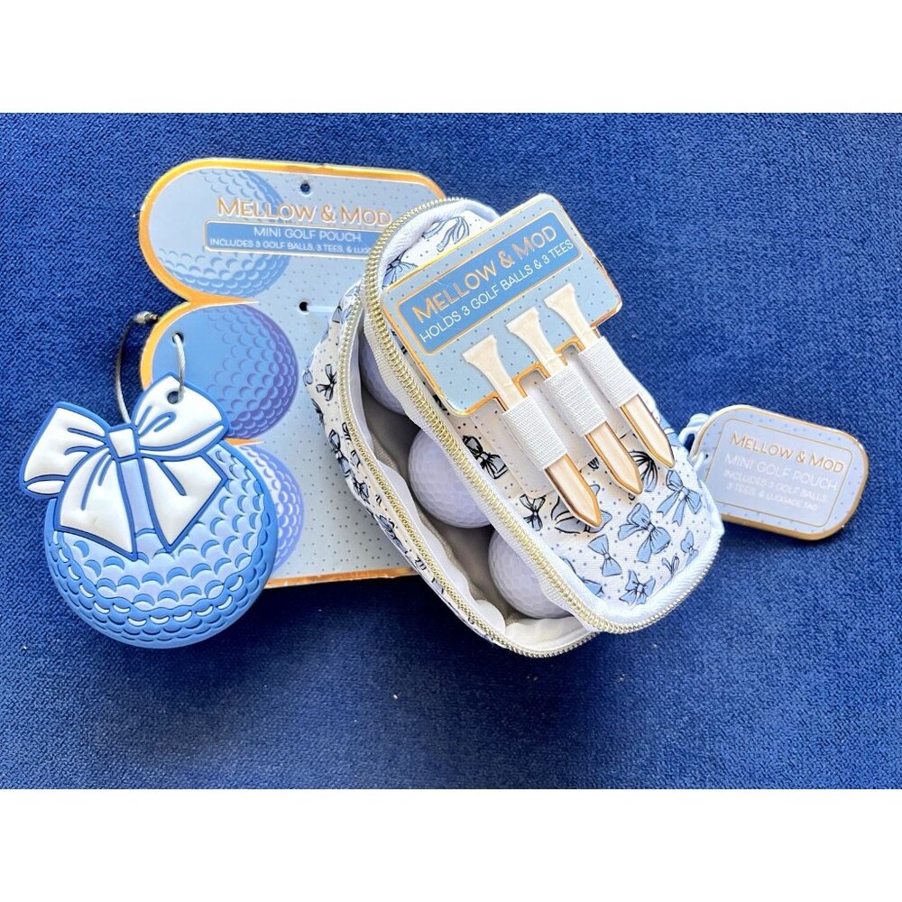 Blue Mini GOLF Pouch Bag Set Tag 3 Balls +Tees Golfer Gift Mellow & Mod Sports